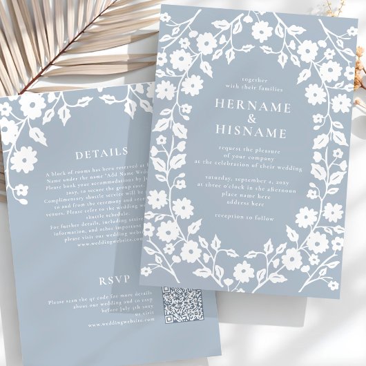 Stoffig Blauw Wit Bloemen QR RSVP All-in-One Weddi Kaart