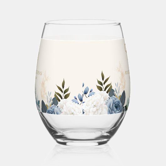 Stoffig Blauw Wit Bloemen Vijftig Verjaardag Naam Wijnglas Zonder Voet (Links)