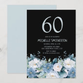 Stoffig Blauw Wit Bloemen Zwart 60ste Verjaardag Kaart (Voorkant / Achterkant)