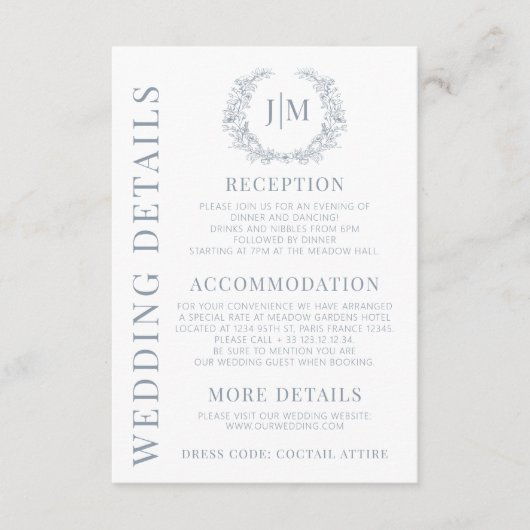 Stoffig blauw wit bloemenbruiloft details kaarten (Voorkant)