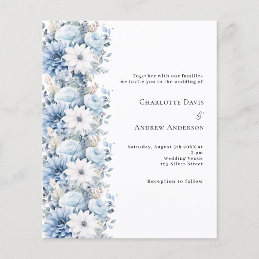 Stoffig blauw wit bloemetjes bruiloft uitnodiging (Voorkant)