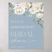 Stoffig blauw wit bloemig vrijgezellenfeest welkom poster (Voorkant)