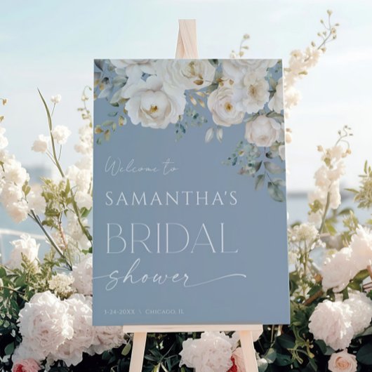 Stoffig blauw wit bloemig vrijgezellenfeest welkom poster