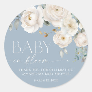 Stoffig blauw wit bloemige baby in bloom boy showe ronde sticker
