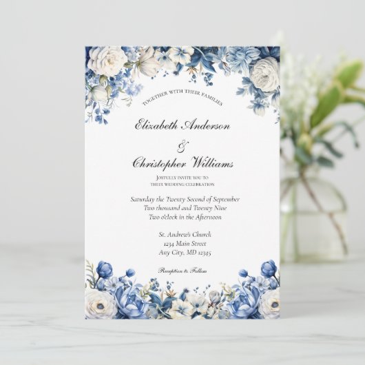 Stoffig Blauw Wit Elegant Bloemen Waterverf bruilo Kaart (Staand voorkant)