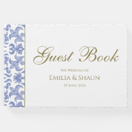 Stoffig Blauw Wit en Goud -Stijl Huwelijk Gastenboek