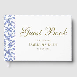 Stoffig Blauw Wit en Goud -Stijl Huwelijk Gastenboek