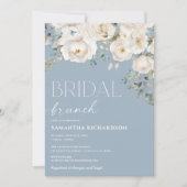 Stoffig blauw wit ivoor bloemen bruids brunch kaart (Voorkant)
