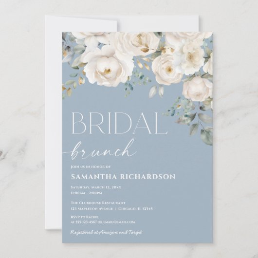 Stoffig blauw wit ivoor bloemen bruids brunch kaart (Voorkant)