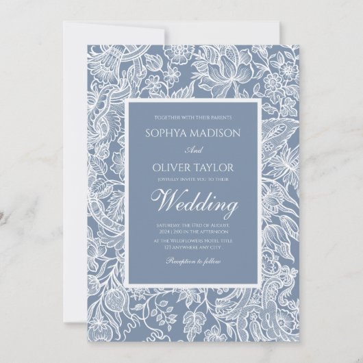 Stoffig Blauw Wit Lijn Kunst Bloemen Botanisch Kaart (Voorkant)