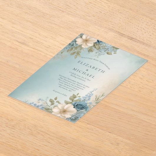 Stoffig Blauw Wit Waterverf Bloemen Bruiloft Acryl Uitnodigingen (Laagn)