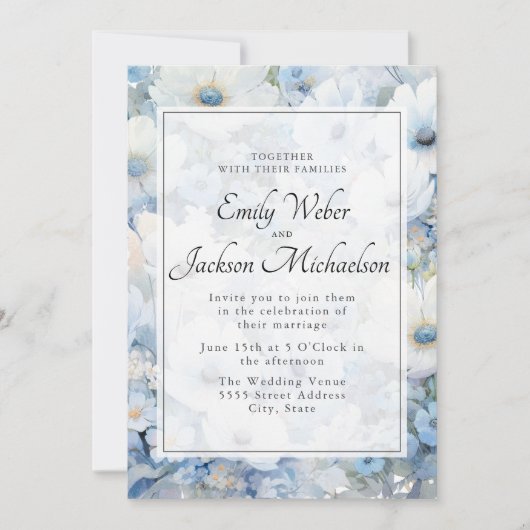 Stoffig Blauw Wit Waterverf Bloemen Bruiloft Kaart (Voorkant)