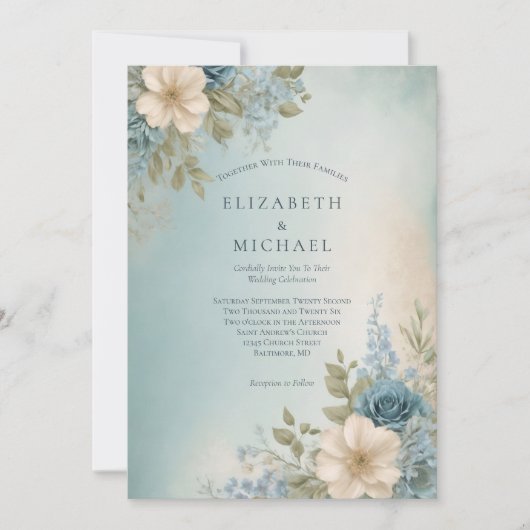 Stoffig Blauw Wit Waterverf Bloemen Bruiloft Kaart (Voorkant)