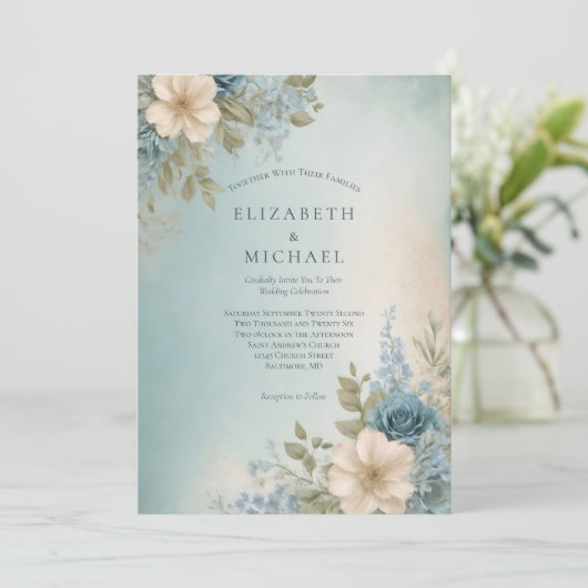 Stoffig Blauw Wit Waterverf Bloemen Bruiloft Kaart (Staand voorkant)