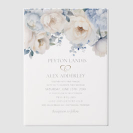 Stoffig Blauw Wit Waterverf Bloemen Bruiloft Vellum Uitnodigingen