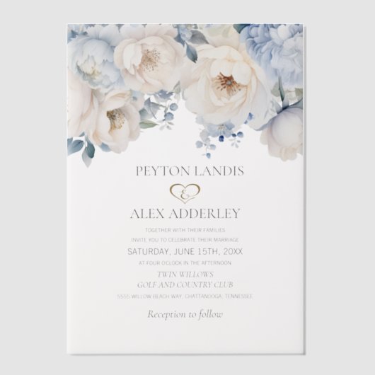 Stoffig Blauw Wit Waterverf Bloemen Bruiloft Vellum Uitnodigingen (Voorkant)