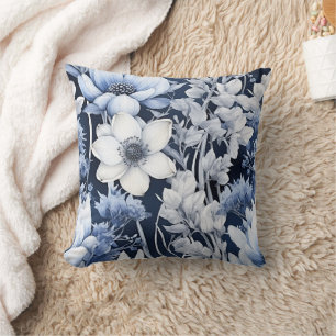 Stoffig Blauw Wit Winter Bloemen Marine Kussen