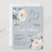 Stoffig blauw & witte pioenen baby shower uitnodig kaart (Voorkant)