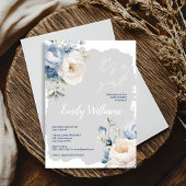 Stoffig blauw & witte pioenen baby shower uitnodig kaart