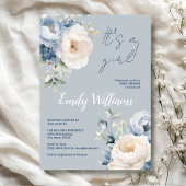 Stoffig blauw & witte pioenen baby shower uitnodig kaart