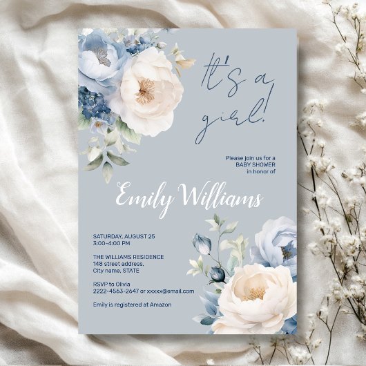 Stoffig blauw & witte pioenen baby shower uitnodig kaart