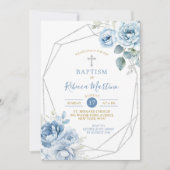 Stoffig Blauw Zilver Bloemen Geometische Doop Kaart (Voorkant)