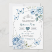 Stoffig Blauw Zilver Bloemen Vlinder Quinceañera Kaart (Voorkant)