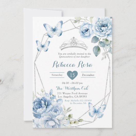 Stoffig Blauw Zilver Bloemen Vlinder Quinceañera Kaart (Voorkant)