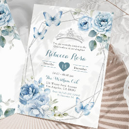 Stoffig Blauw Zilver Bloemen Vlinder Quinceañera Kaart