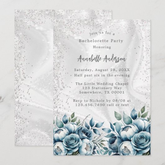 Stoffig Blauw Zilver Boeket Bachelorette Party Kaart (Voorkant / Achterkant)
