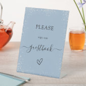 Stoffig blauw zilver bruiloft gastenboek reclamebord met voetstuk (Insitu)