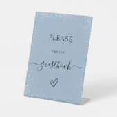 Stoffig blauw zilver bruiloft gastenboek reclamebord met voetstuk (Voorkant)