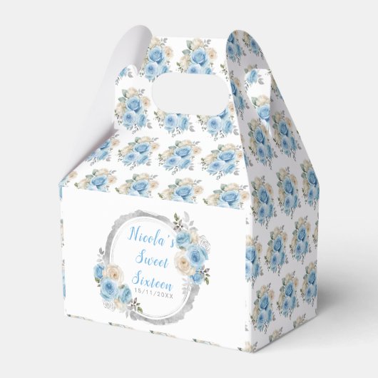 Stoffig Blauw Zilver Elegante Bloemen Sweet Sixtee Bedankdoosjes (Achterkant)