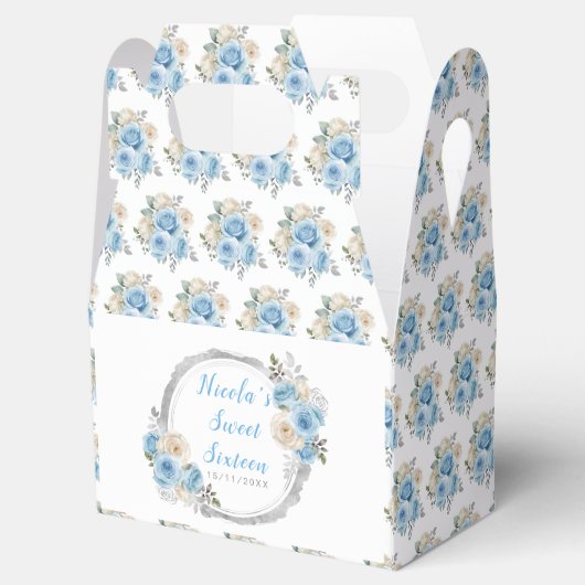 Stoffig Blauw Zilver Elegante Bloemen Sweet Sixtee Bedankdoosjes (Geopend)