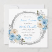 Stoffig Blauw Zilver Elegante Bloemen Sweet Sixtee Kaart (Voorkant)