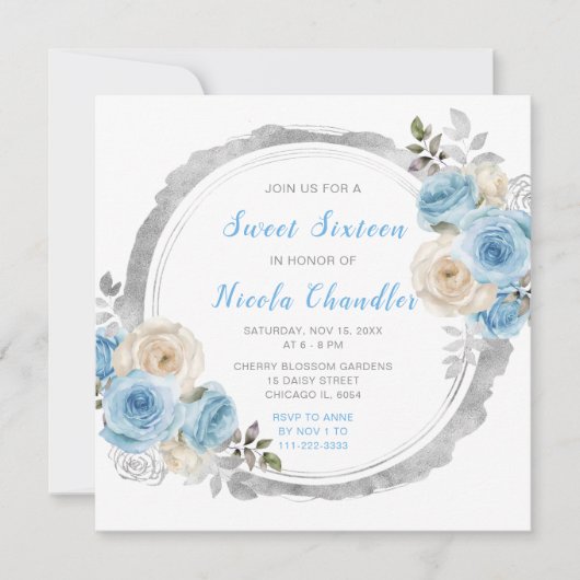 Stoffig Blauw Zilver Elegante Bloemen Sweet Sixtee Kaart (Voorkant)