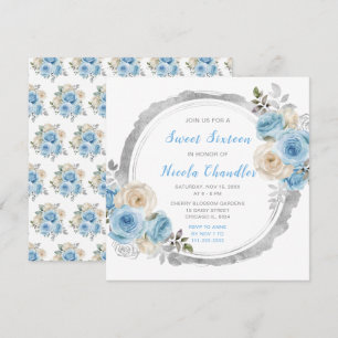 Stoffig Blauw Zilver Elegante Bloemen Sweet Sixtee Kaart