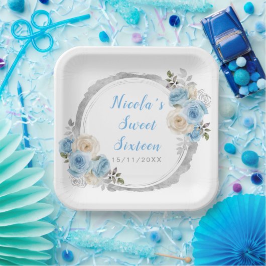 Stoffig Blauw Zilver Elegante Bloemen Sweet Sixtee Papieren Bordje (Feest)