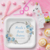 Stoffig Blauw Zilver Elegante Bloemen Sweet Sixtee Papieren Bordje (Feest)