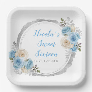 Stoffig Blauw Zilver Elegante Bloemen Sweet Sixtee Papieren Bordje