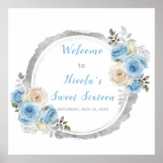 Stoffig Blauw Zilver Elegante Bloemen Sweet Sixtee Poster (Voorkant)