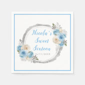 Stoffig Blauw Zilver Elegante Bloemen Sweet Sixtee Servet (Voorkant)