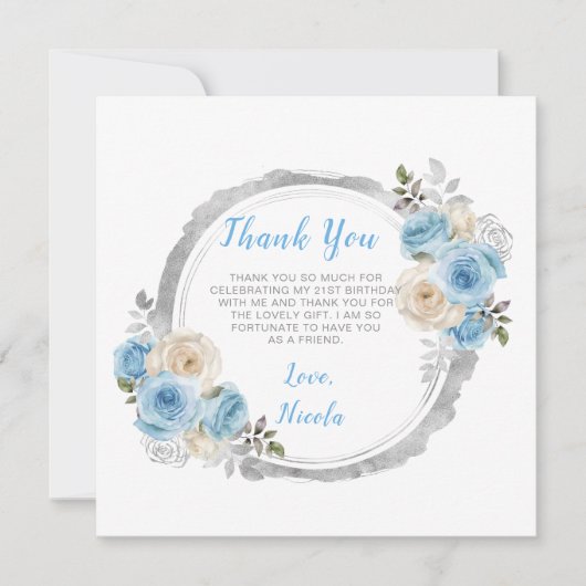 Stoffig Blauw Zilver Elegante Bloemen Verjaardagsf Bedankkaart (Voorkant)