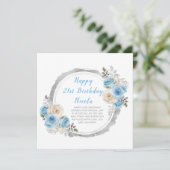 Stoffig Blauw Zilver Elegante Bloemen Verjaardagsf Kaart (Staand voorkant)