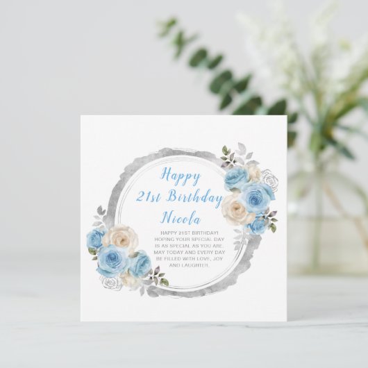 Stoffig Blauw Zilver Elegante Bloemen Verjaardagsf Kaart (Staand voorkant)