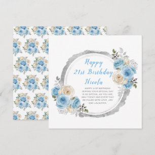 Stoffig Blauw Zilver Elegante Bloemen Verjaardagsf Kaart