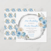 Stoffig Blauw Zilver Elegante Bloemen Verjaardagsf Kaart (Voorkant / Achterkant)