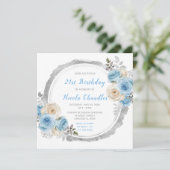 Stoffig Blauw Zilver Elegante Bloemen Verjaardagsf Kaart (Staand voorkant)