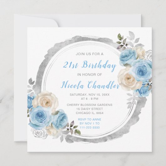 Stoffig Blauw Zilver Elegante Bloemen Verjaardagsf Kaart (Voorkant)