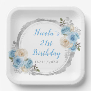 Stoffig Blauw Zilver Elegante Bloemen Verjaardagsf Papieren Bordje